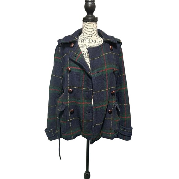American Eagle AE Pea Coat Womens Small Navy Blue Plaid Button Jacket Wool Blend - Picture 3 of 9